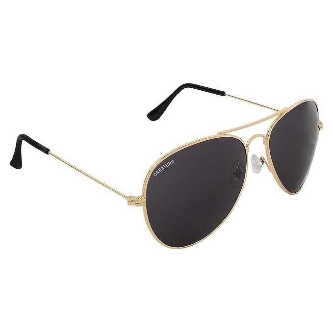 CREATURE Black Aviator Uv Protected Unisex Sunglasses (Lens-Black||Frame-Golden||Size-Regular||SUN-005)